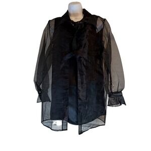 Jordan Sheer Black Long Sleeve Button Front Tie Neck Top Sheer Size M